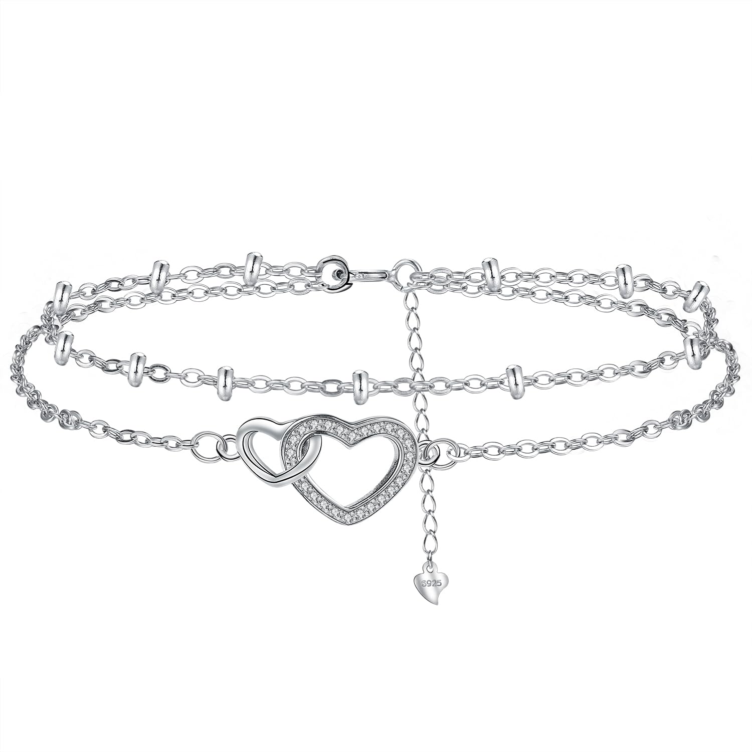 Hifeeled Damen Armband 925 Sterling Silber Doppelkette mit Kugelperlen für Frauen Original Schmuck Weihnachten Geschenk Mutter Ehefrau Freundin Verstellbarer [16+4cm]