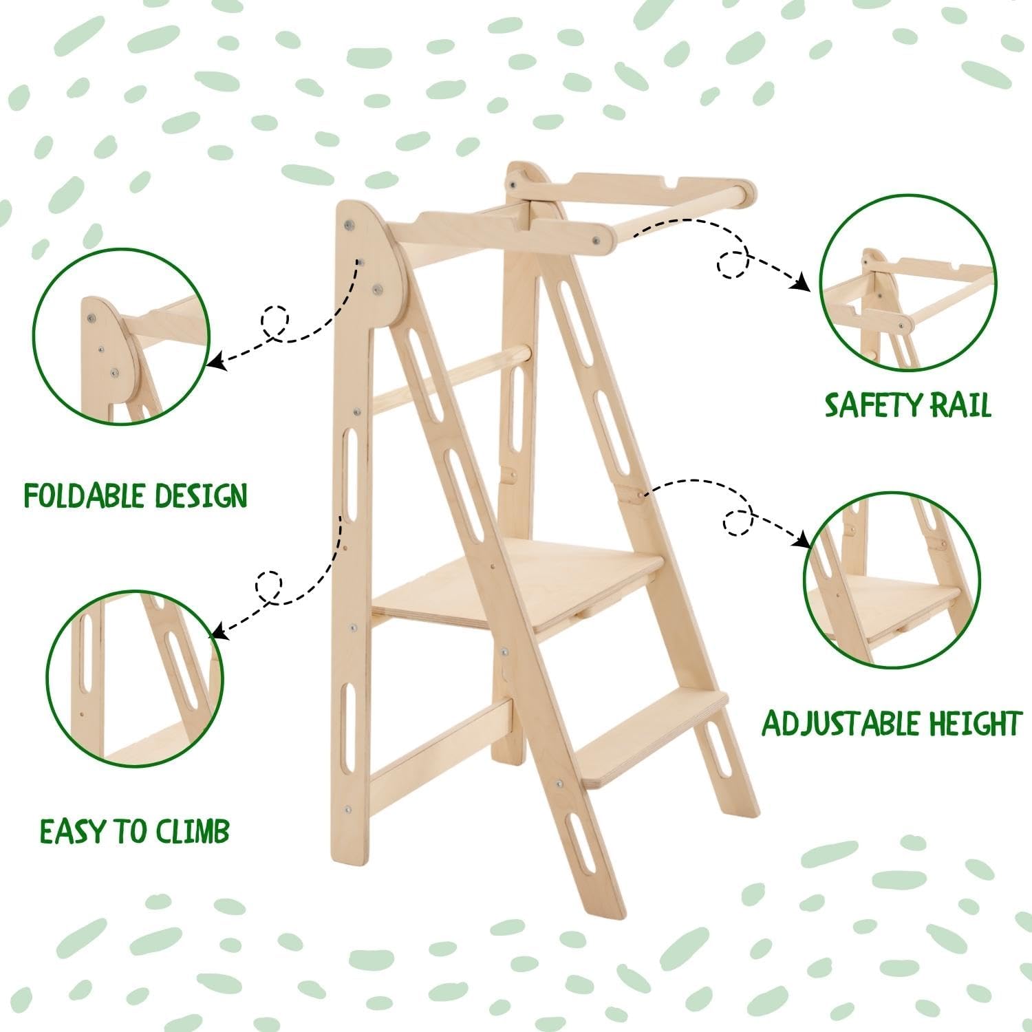 Foldable Toddler Tower, Step Stool for Kids, Foldable Kitchen Tower for Kids, Step Stool with Safety Rail, Montessori Child Standing Tower (Natural)