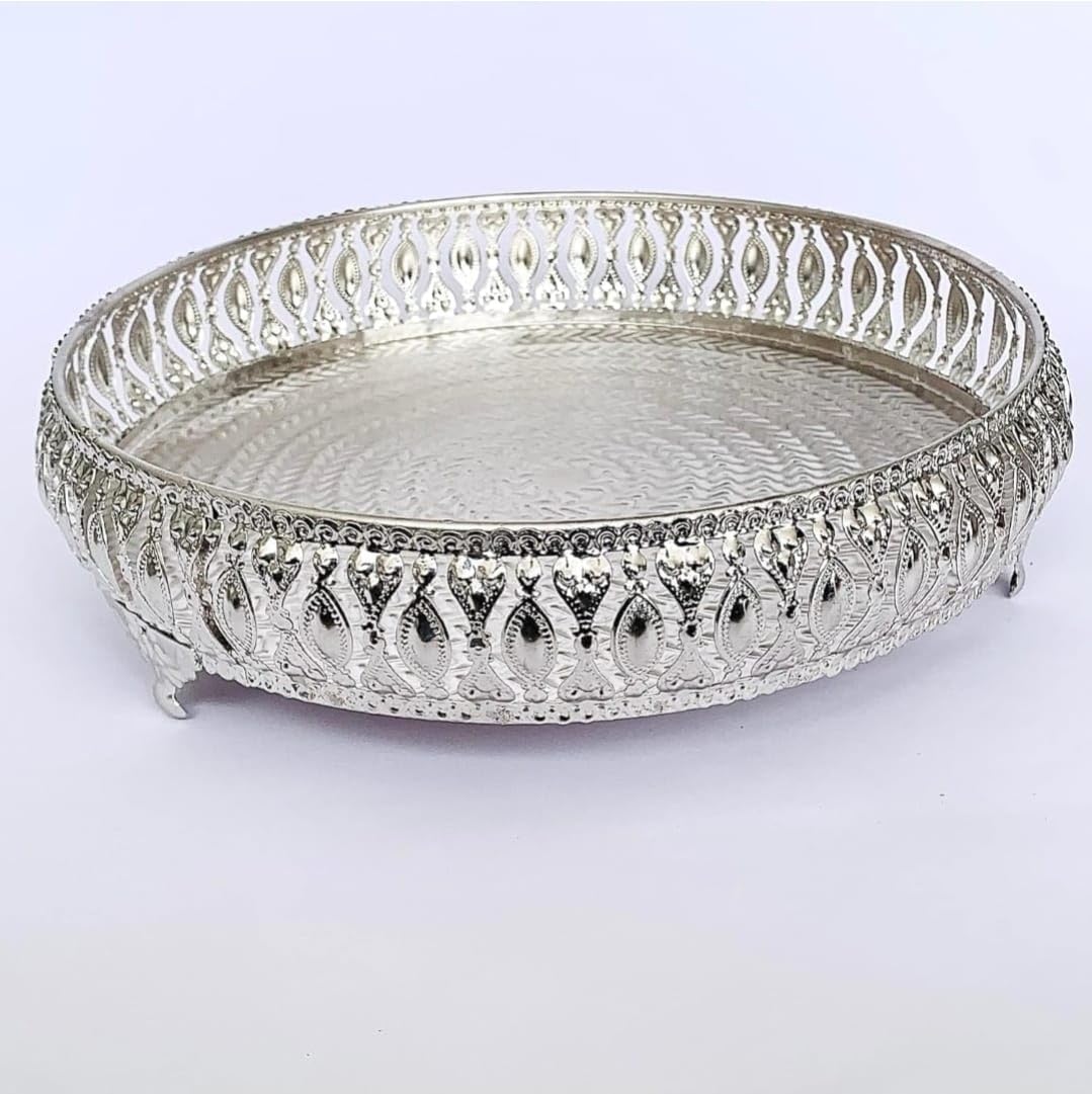 German Silver Puja Thali Tray 10 Inches | Chandi Finish Decorative Pooja Plate for Home Mandir, Diwali, Wedding & Festive Use-image-43