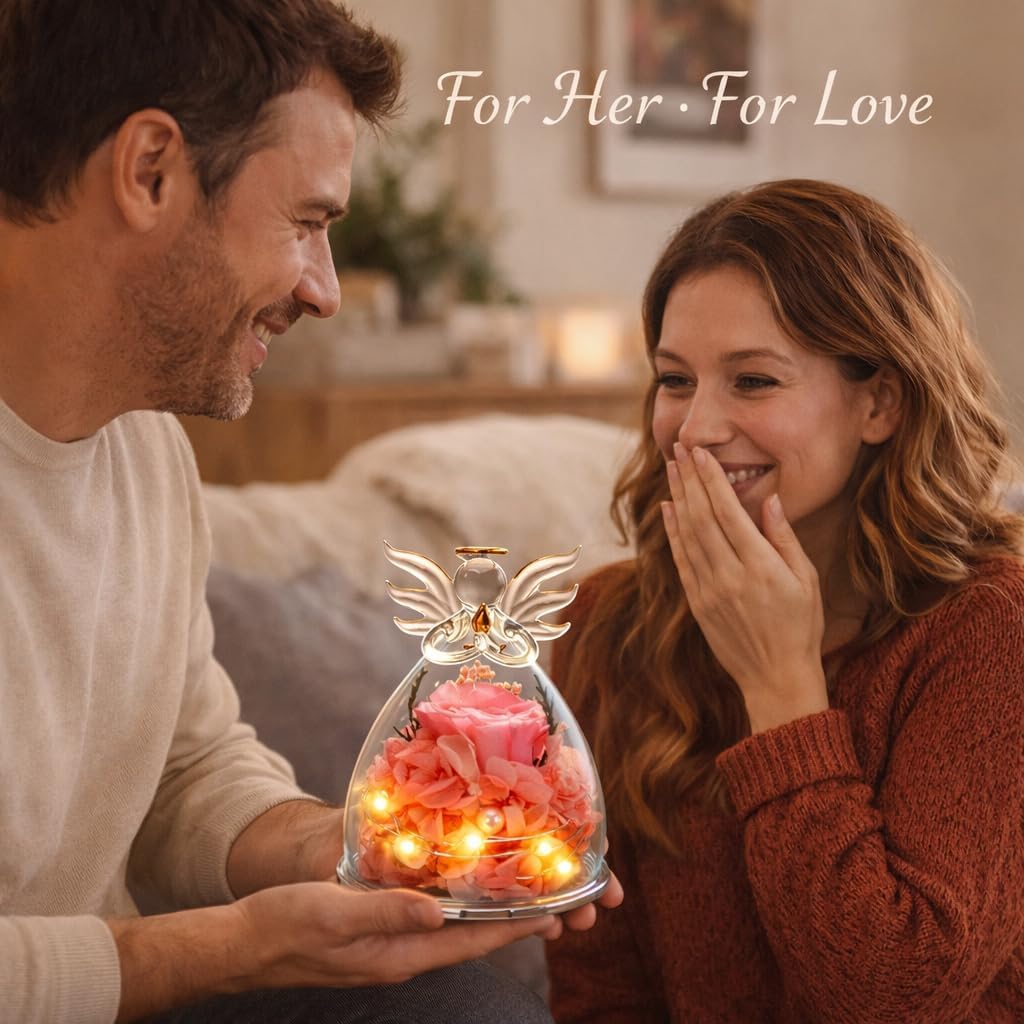Angel Gifts for Women Mom Grandma, Preserved Rose Forever Flower in Glass Angel Figurine with LED Lights, Birthday Gifts for Mom from Daughter, Anniversary Valentine's Day Gifts for Friend Her Wife