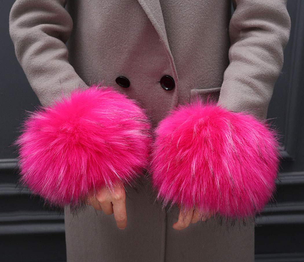 Tngan Winter Faux Fur Arm Warmers Short Furry Wrist Band Ring Cuff for Women Rose Red