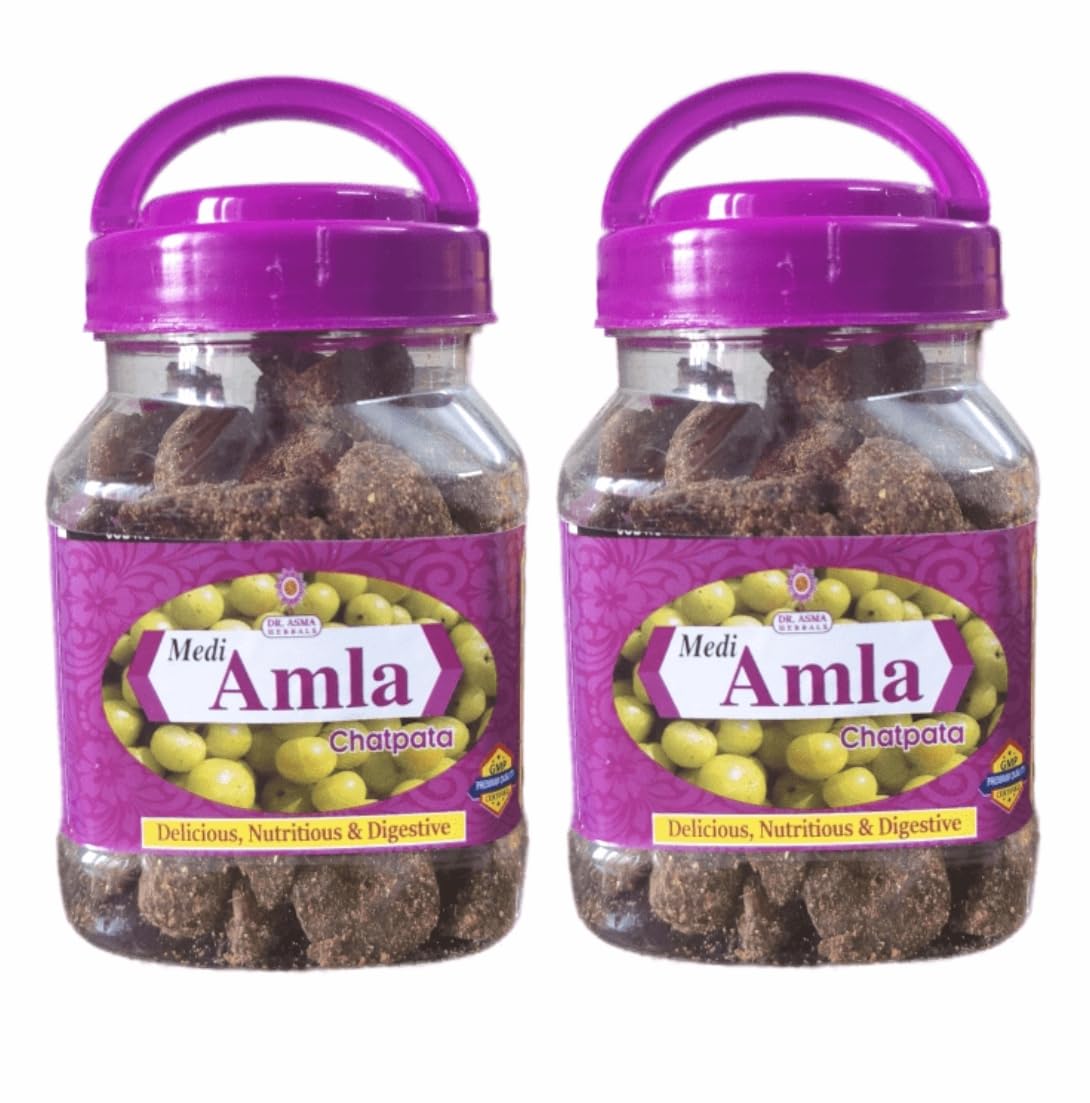 Dr. Asma Herbals MEDI AMLA CHATPATA, Ayurvedic Sun Dried (Suraj tapi) Amla Pieces Infused with Hing, Jeera, Kali Mirch For Indigestion and Gut Health (400g x Pack of 2)