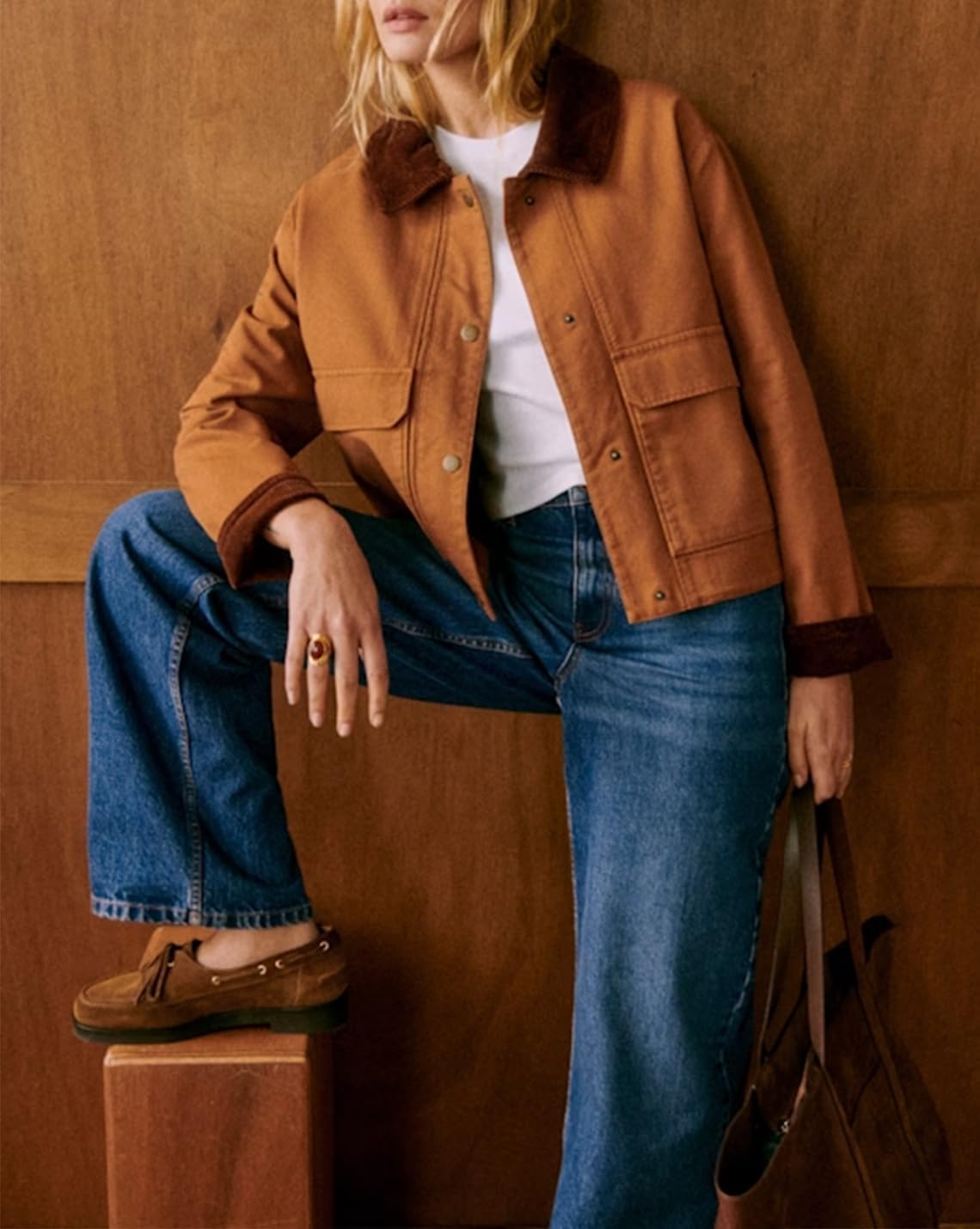 Barn Jackets for Women Casual Contrast Collar lightweight Coat Button Down Long Sleeve Outerwear with Pockets - Image 4