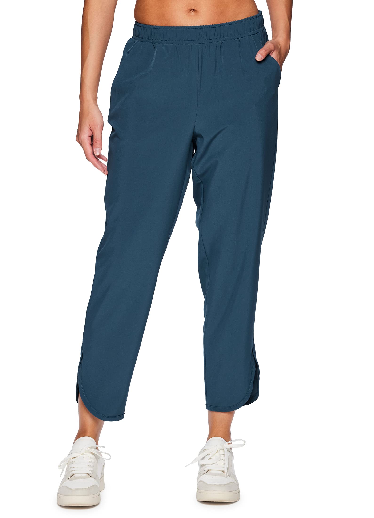 RBXActive Women's Relaxed Fit Lightweight Quick Drying Stretch Woven Pants with Pockets, Tulip Hem Blue, Small