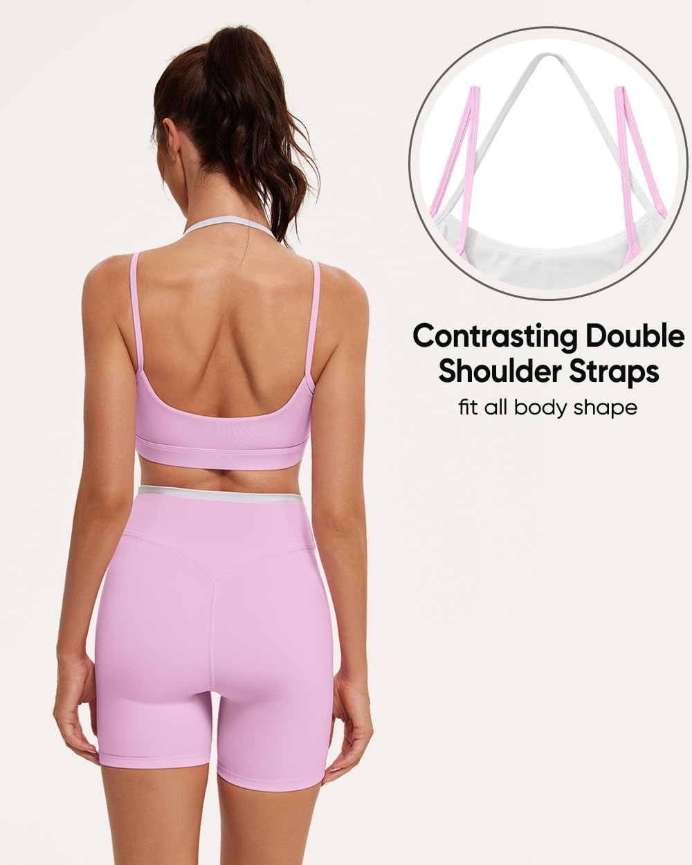 OMKAGI Workout Sets for Women Cute Doubel Layer Open Back Sports Bras Gym Shorts Outfits - Image 4