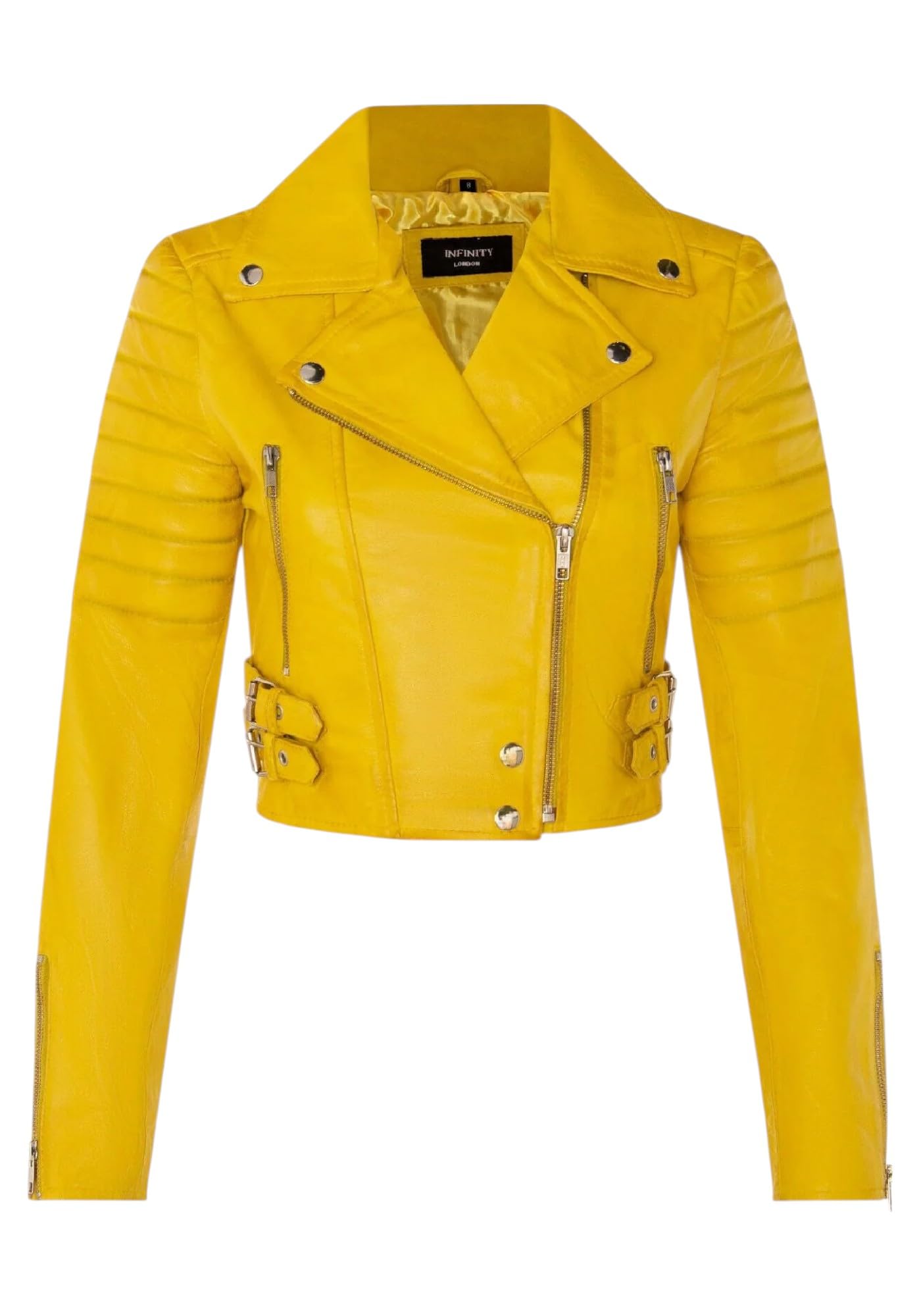 Infinity Leather Women's   Yellow Cropped Brando Leather Biker Jacket-Damascus in Size XL, BrandAlley