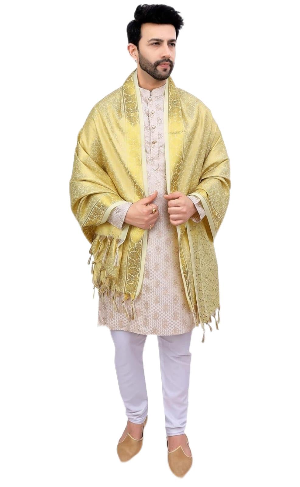 Banarasi Silk Zari Dupatta for Men, Golden Zari Work Motifs, Traditional Indian Ethnic Style, 2.10 Meters-picture-33