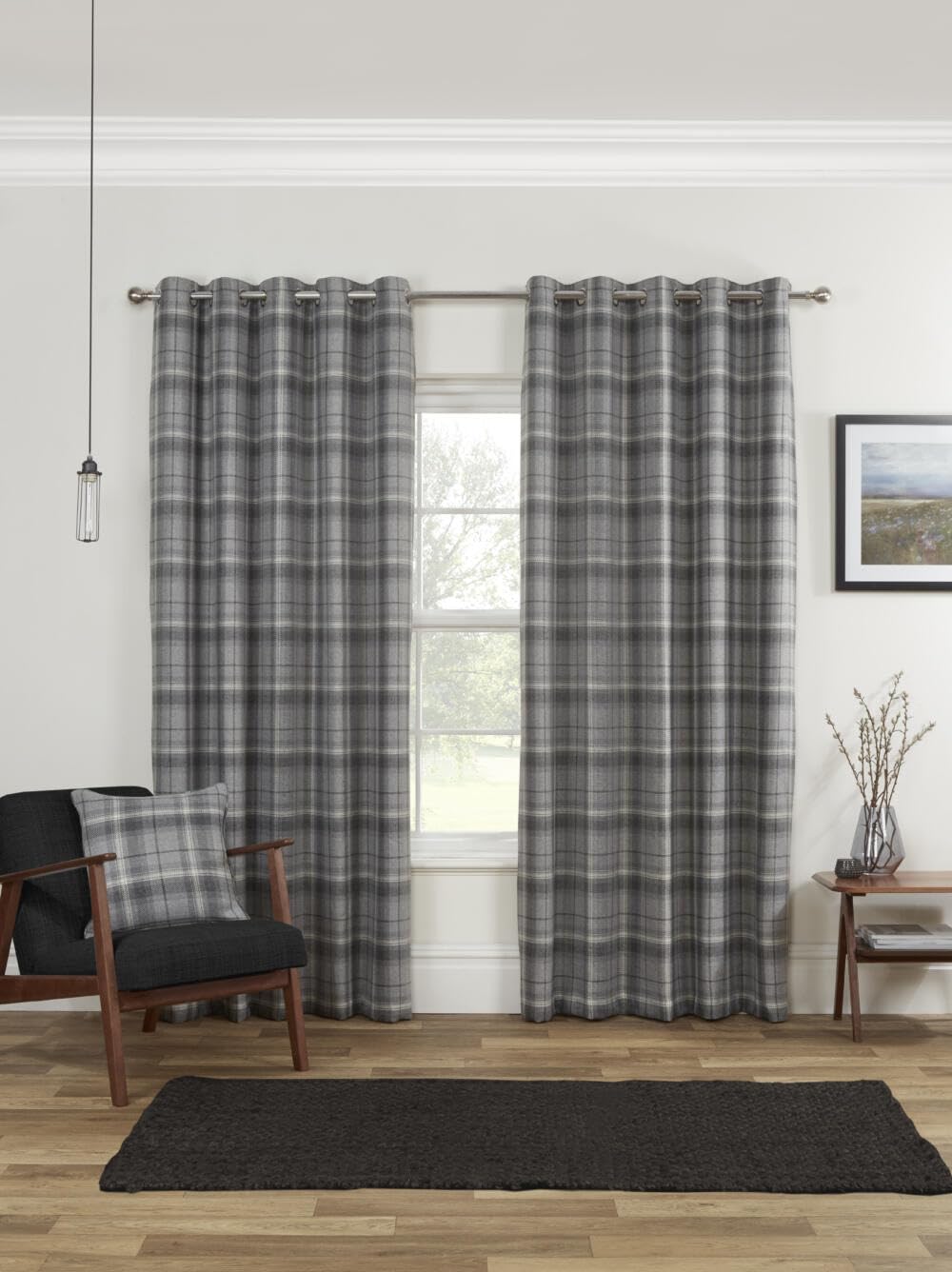 Pikk Grey - Blackout Lined Carnoustie - Tartan Blackout Lined Curtains - 40Mm Eyelet Header - Polyester (, 66" X 54" / 168Cm X 137Cm)