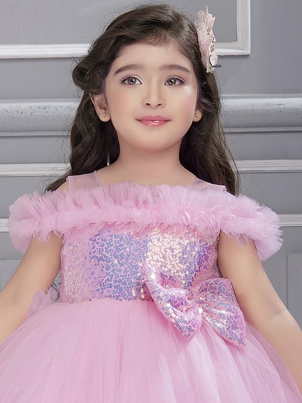 Image of Ministitch Kids Girls Barbi Tail Look Sequence Yoke Net Off Shoulder Party Bithday wear Frock and Dresses