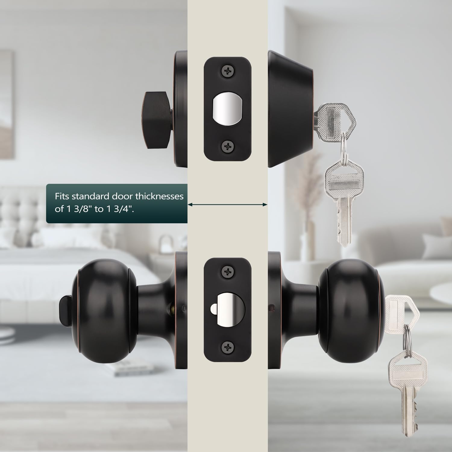 EHOMEWARE Paquete de 3 pomos de puerta de bronce aceitado, con llave igual con cerrojo de seguridad, perilla redonda para puerta de entrada y cerrojo de un solo cilindro, reversible izquierda/derecha