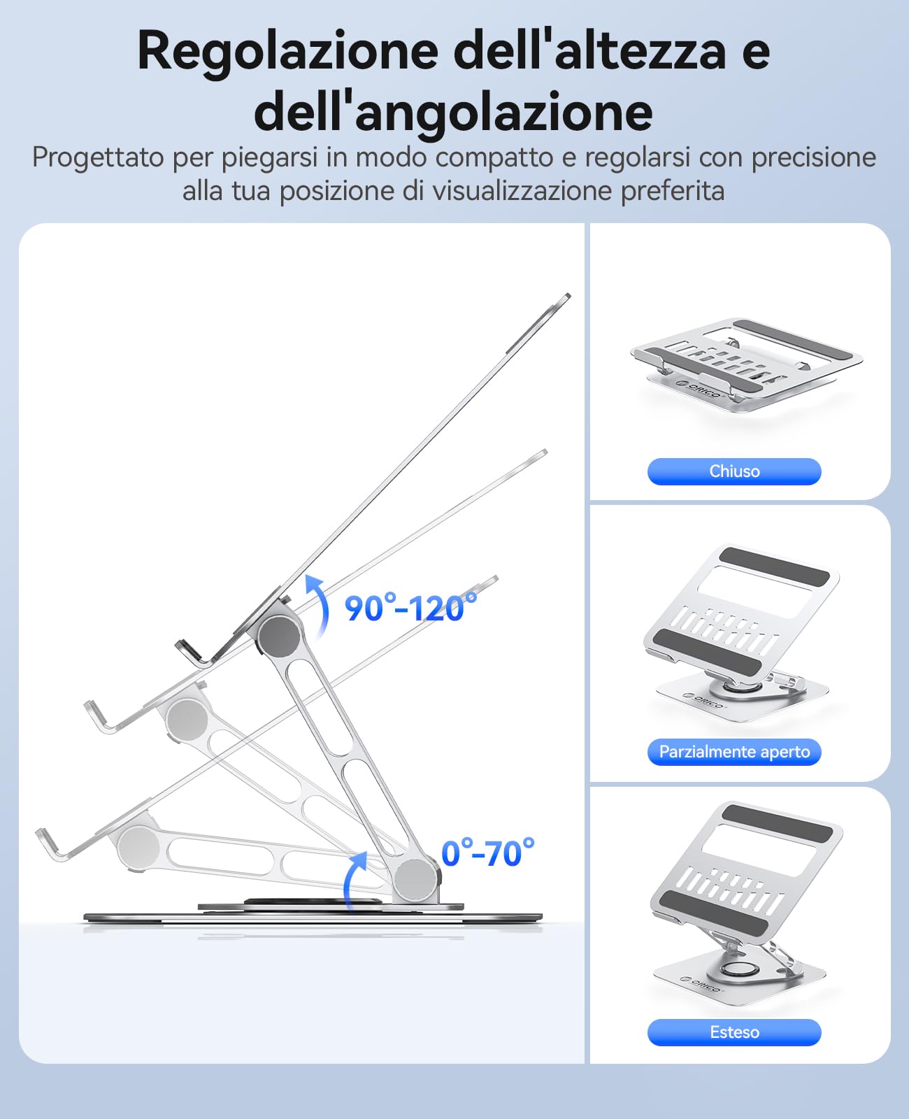 ORICO Supporto PC Portatile Ergonomico, Laptop Stand Regolabile 360° con Base Girevole, Supporto in Alluminio con Fori, per Scrivania, Compatibile con Notebook e Tablet 11-17", Argento ST12