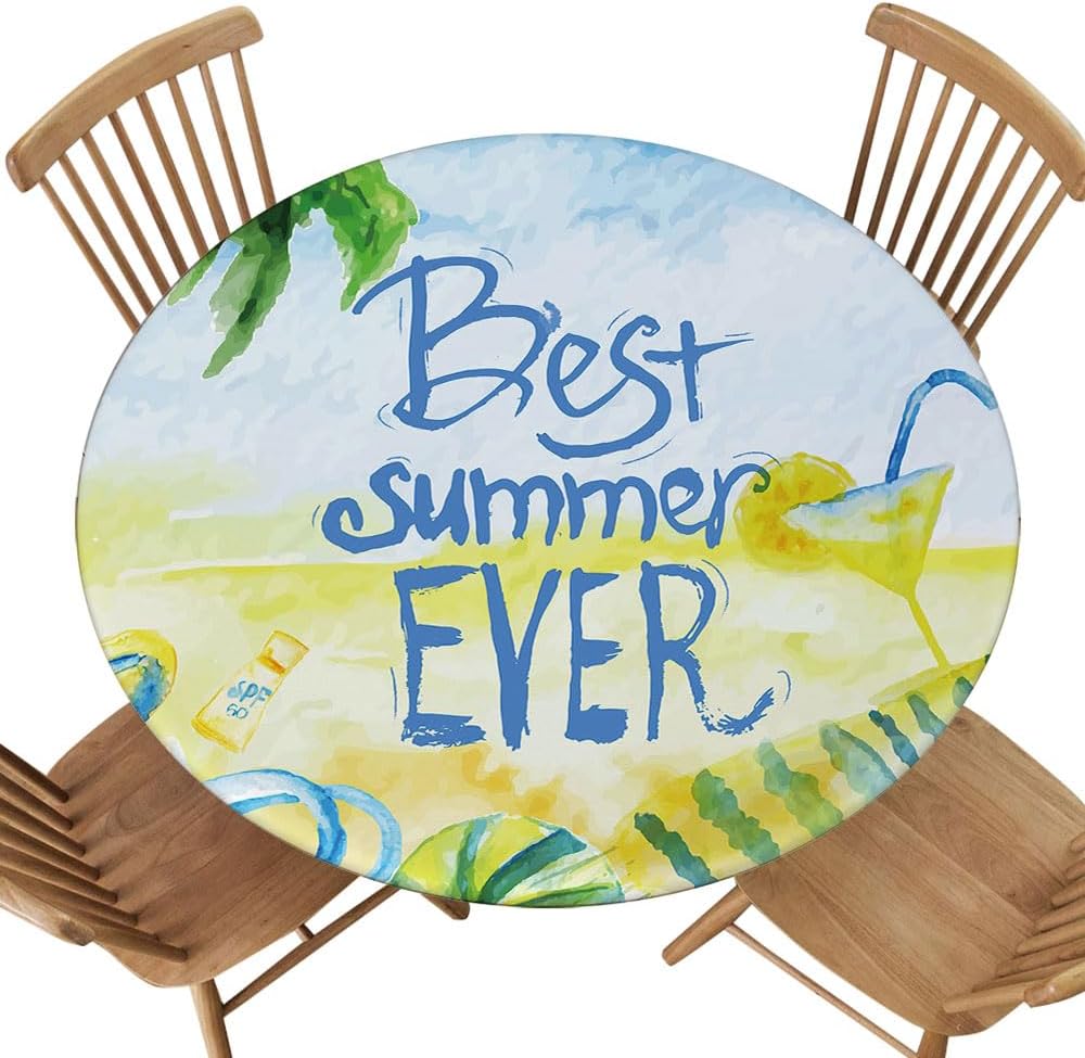 Round Wipeable Tablecloth Tropical Beach at Sunset Windproof Table Top Caps for 48.2"-52.1" Table for Camping, Dining, Indoor and Outdoor Style125