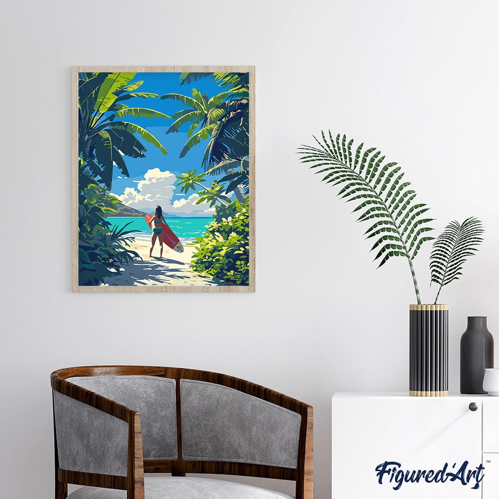 Figured'Art Peinture par Numéro Adulte avec Cadre Paradis tropical du surf - Activité Manuelle Kit de Loisir Créatif DIY Numéro d'Art Complet - 40x50cm toile tendue sur châssis