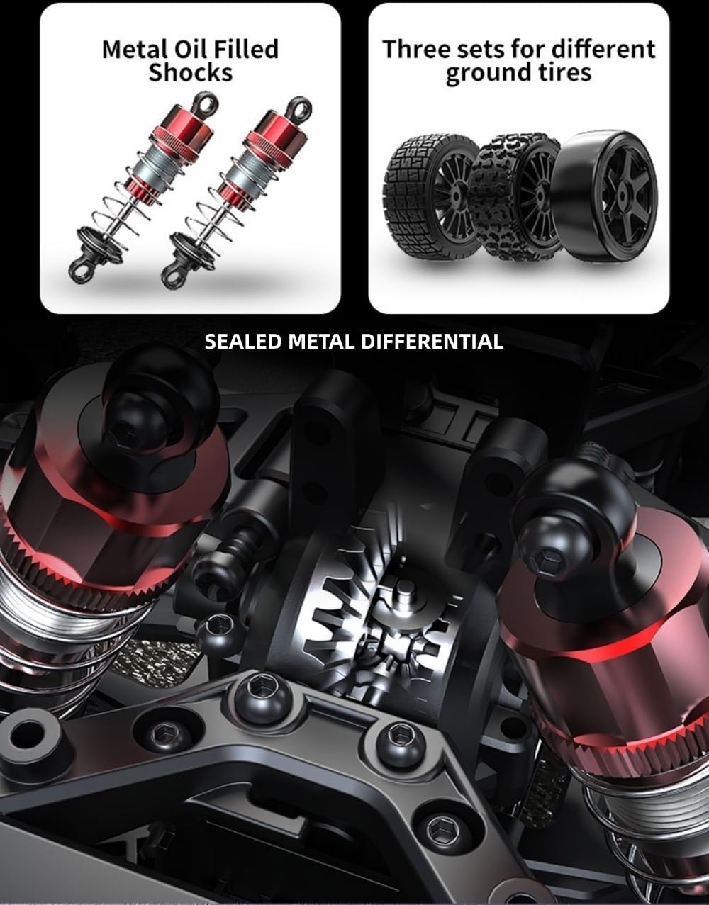Close-up of metal oil-filled shocks, three sets of ground tires, and a sealed metal differential.