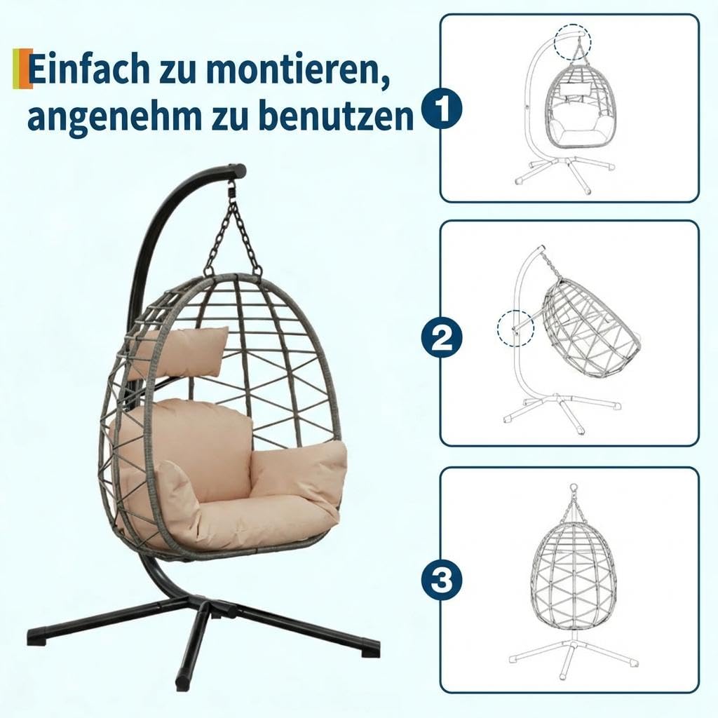 Garvee Hängesessel aus Rattan mit Metallgestell – klappbar, wetterfest, bis 150 kg belastbar, inkl. schwarzer Abdeckung – Outdoor & Indoor Ei-Schaukelstuhl für Garten, Balkon, Terrasse – Graues Rattan
