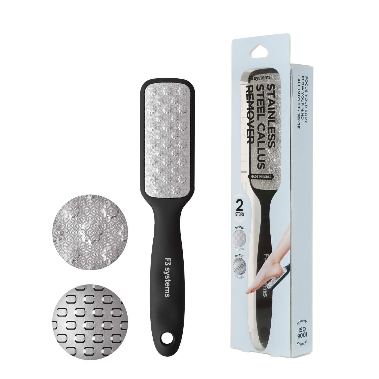 F3 Systems, 2Steps Stainless Steel Callus Remover, Effective for Thick Callus and Cracked Feet Pedicure Rasp, Remove Hard Skin, Grater Foot File, Foot