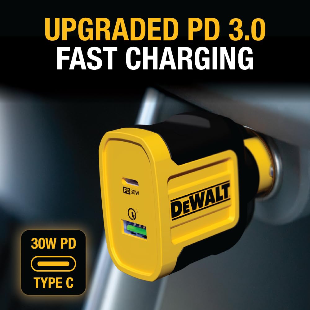 DEWALT Adattatore per caricabatterie da auto USB + USB C, caricatore USB per accendisigari da 49,5 W, caricabatterie da auto PPS 30 W Quick Charge 3.0 ricarica rapida per iPhone 15/15 Plus/15 Pro/15