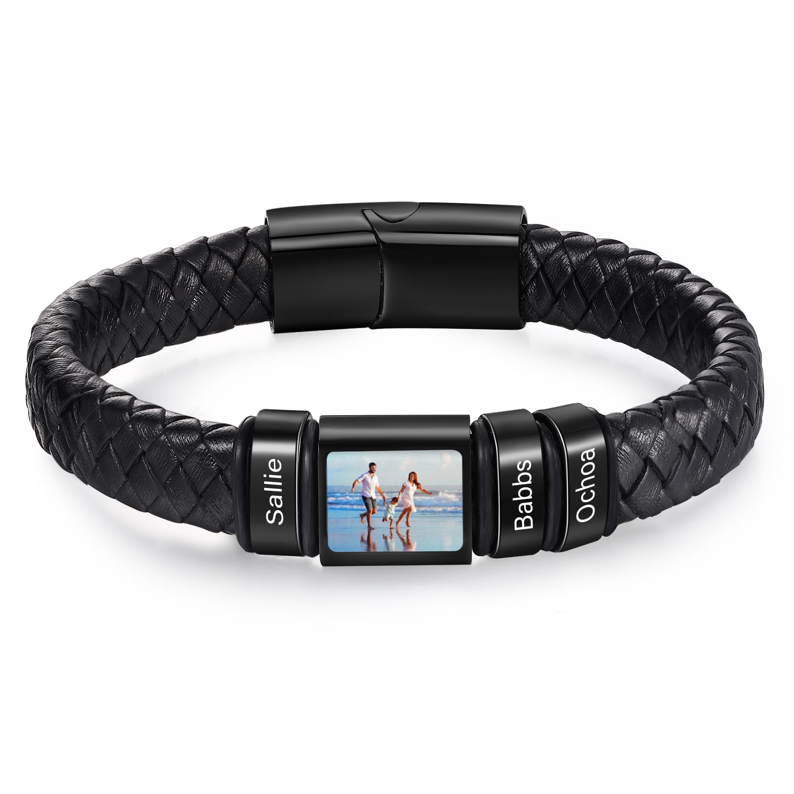 Personalized Bracelet for Men, Custom Bracelet with 1 Photo &amp; 1-6 Names, Engraved Leather Bracelet for Men Dad Bracelet Fathers Bracelet for Dad Grandpa Boyfriend