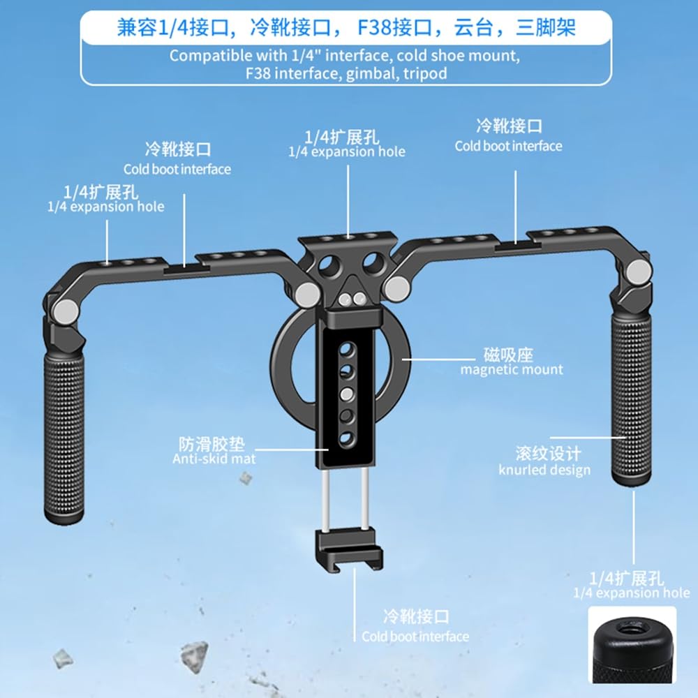 Supporto doppio stabilizzatore in metallo per smartphone, gabbia universale per fotografia per treppiede, morsetto e anello magnetico, supporto per 2 cellulari riprese video verticali e orizzontali
