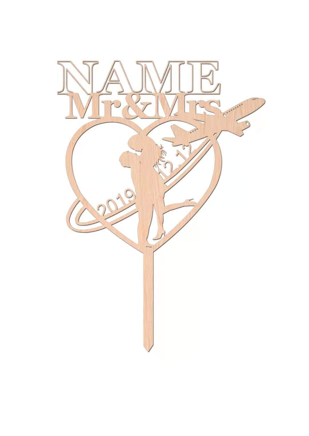 Personalized Mr Mrs Date Couple Airplane Heart Customize Cake Topper Wooden Acrylic Glitter Mirror Cake Decoration (Wooden)