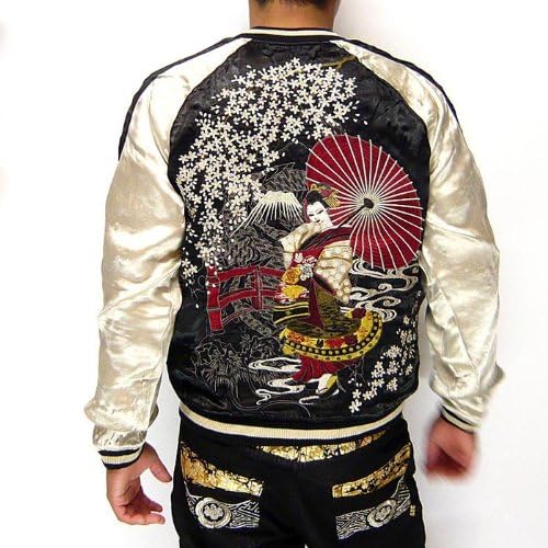 百花繚乱 舞妓刺繍 リバーシブル和柄スカジャン 黒ピンク M コート ジャケット 通販