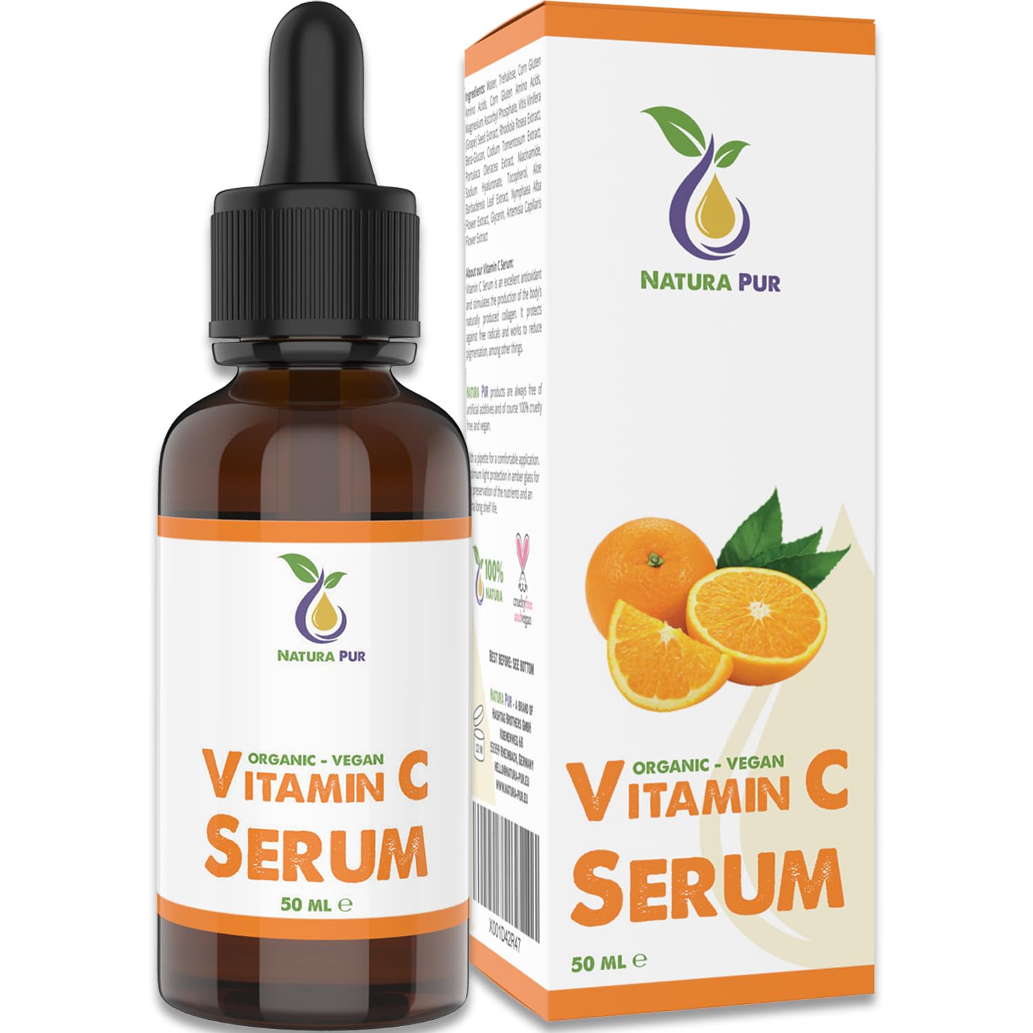 Serum de Vitamina C 50ml, vegano & con Acido Hialuronico - Gel altamente dosificado con un 20% de vitamina C - gel antienvejecimiento con aceite de semilla de uva nutritivo y aloe vera
