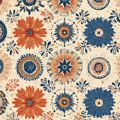 壁紙 60cm x 300cm 剥がせる ベージュの背景に青とオレンジの花が描かれたヴィンテージのフローラルパターン 多機能 防水/汚れ防止/防油 食器棚 クロ 玄関 ふすま紙 家具 部屋 DIY 賃貸OK
