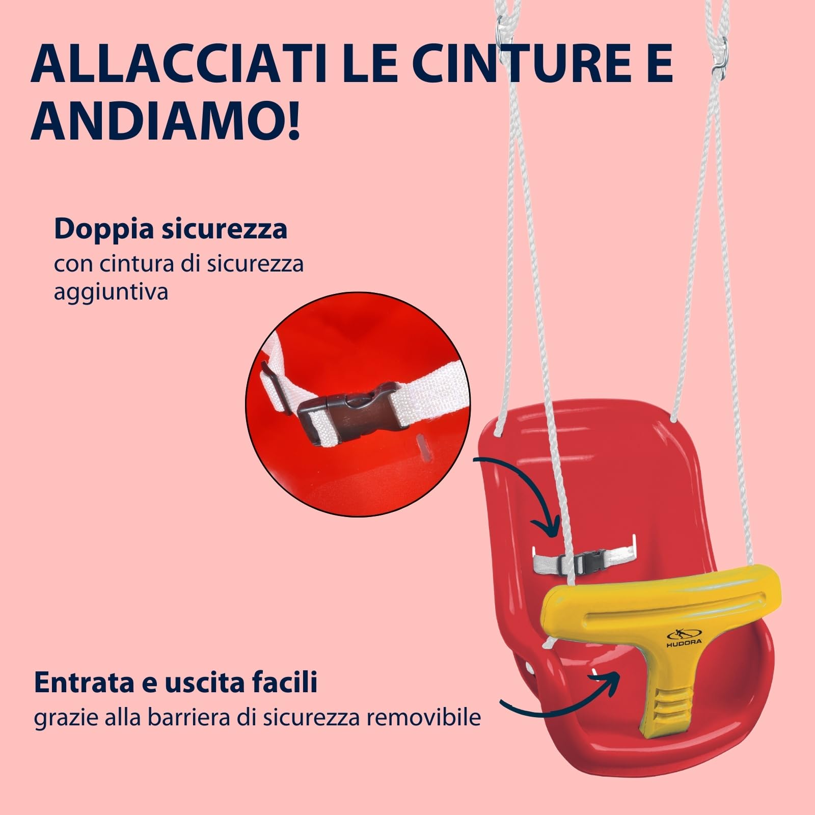 HUDORA Altalena baby rossa/gialla | Altalena da giardino regolabile da 120 a 180 cm I Baby swing da esterno I Altalena per bambini con archetto di sicurezza e cintura I Carico massimo di 25 kg