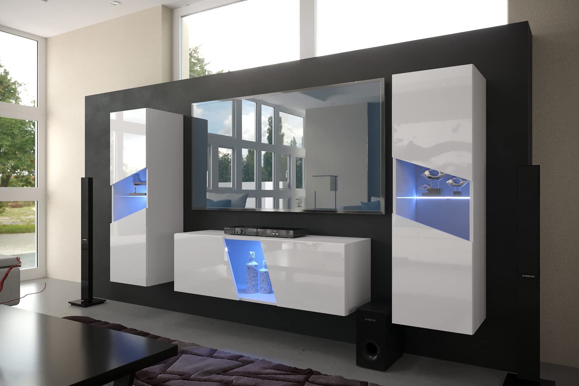 Furnitech Parete per soggiorno | Mobili da soggiorno con LED blu | Appesa parete moderna | S37