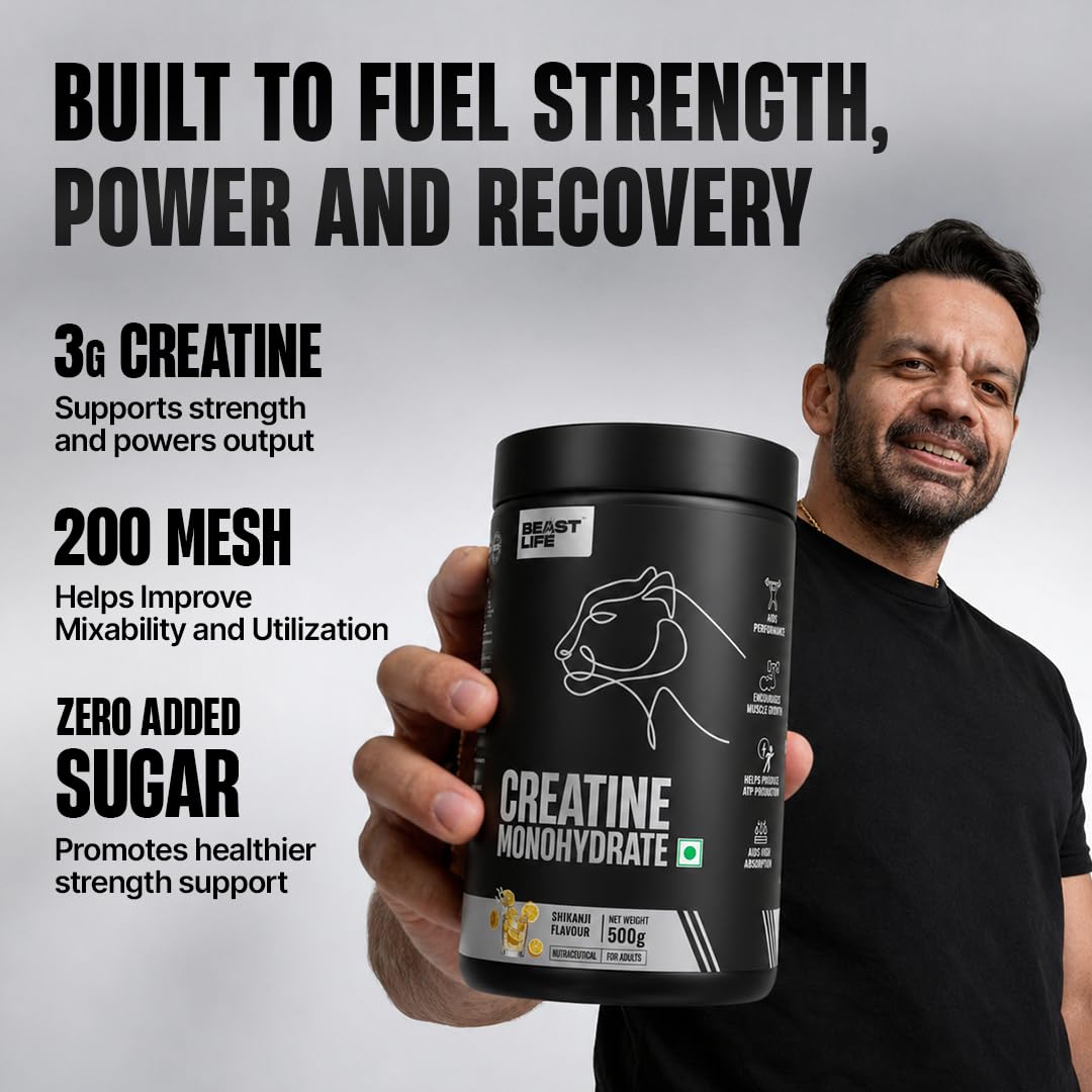 BEASTLIFE Super Micronized Creatine Monohydrate Powder 500g | 135 Servings Shikanji Flavor | NABL Lab Tested | Premium Sports Nutrition for Strength & Performance 1