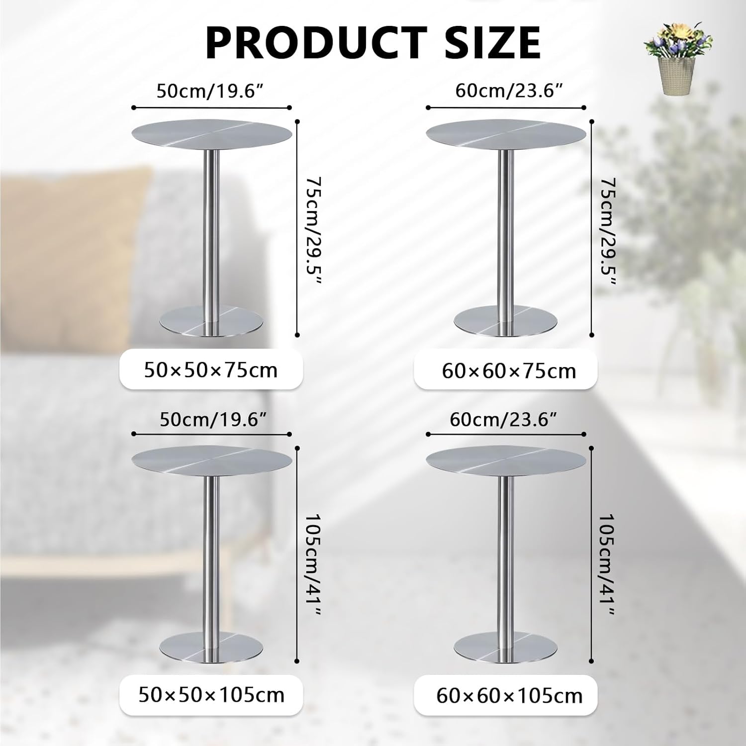 Stainless Steel Round Height Bar Table for Small Spaces - Modern Cocktail Bistro Pub Dining Table for Home or Commercial Use