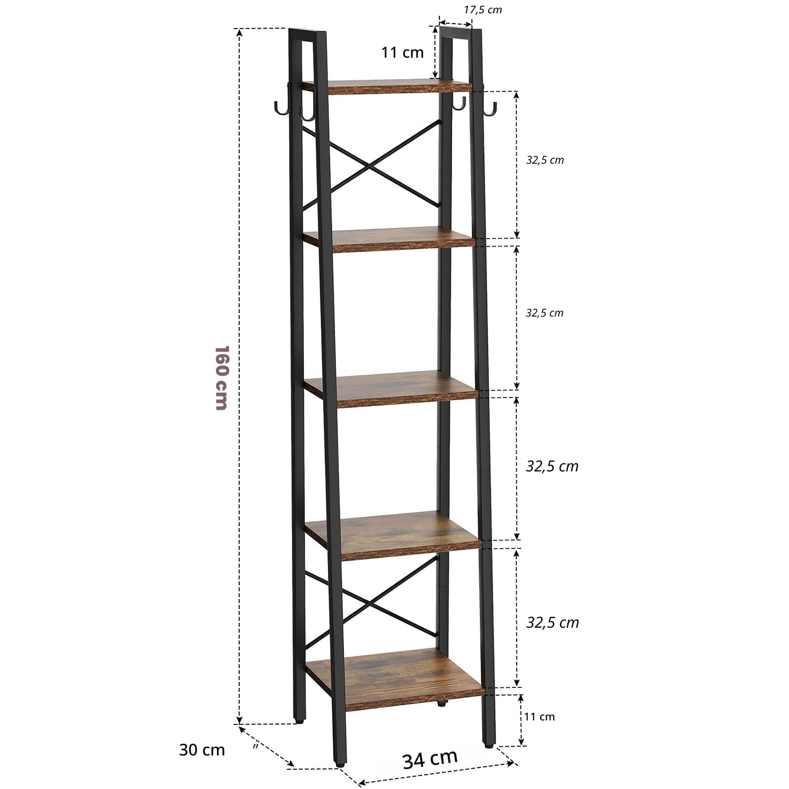 YMYNY 160CM Librería, Estantería de Escalera con 4 Ganchos, Estantería de 5 Niveles, para Salón Dormitorio Cocina Oficina en Casa, Estilo Industrial, Marco de Metálica, Marrón Rústico HBC025H