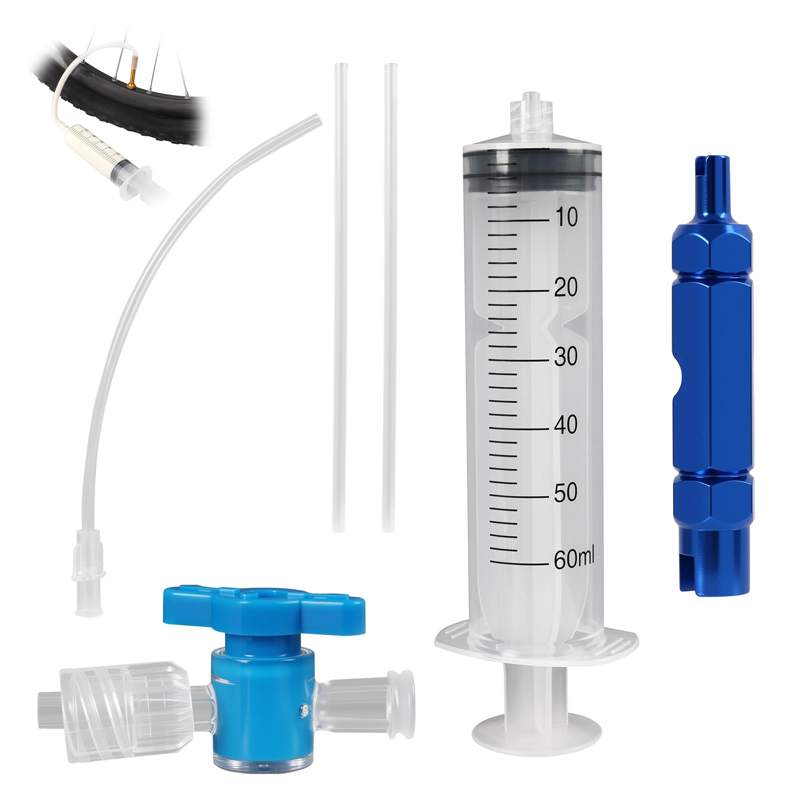 Zestaw do Naprawy Opon Tubeless na Rowery, Strzykawka 60ml z Narzędziem do Demontażu Ventila Presta, Wtryskiwacz Masy Uszczelniającej, Kompatybilny z Ventilami Schrader i Presta, do Kolarstwa