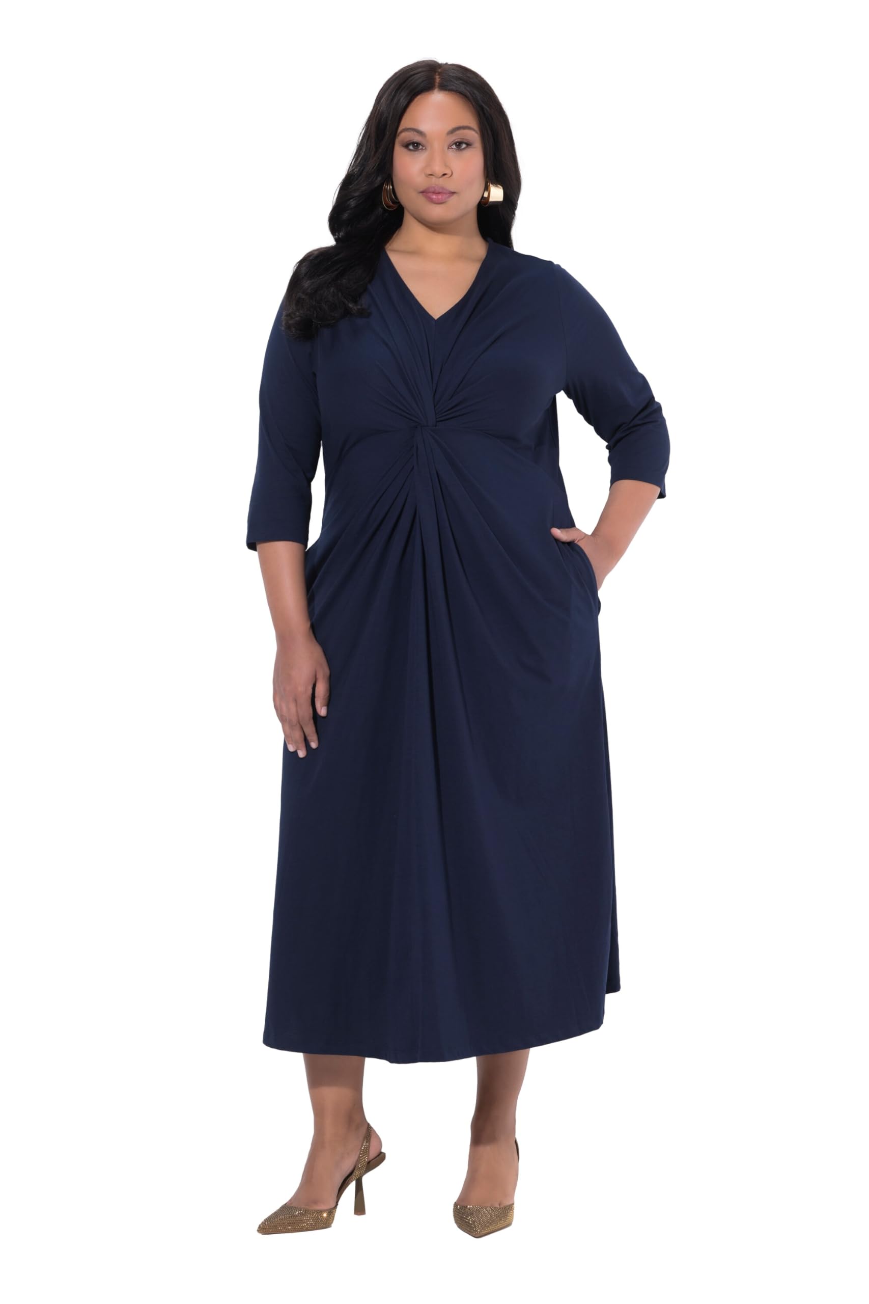 Ulla Popken Damen große Größen Übergrößen Plus Size Maxikleid, drapiert, A-Linie, V-Ausschnitt, 3/4-Arm 847730
