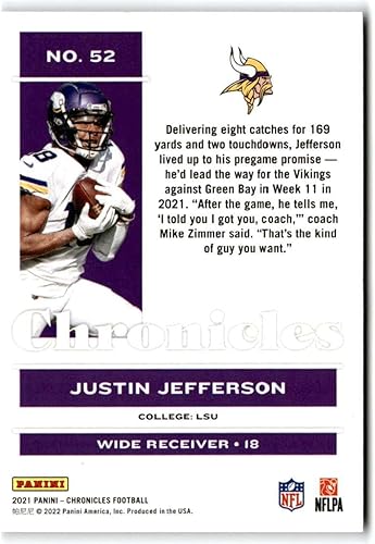 Miniatura 2 de 2021 Panini Chronicles #52 JUSTIN JEFFERSON Minnesota Vikings Football Trading Card