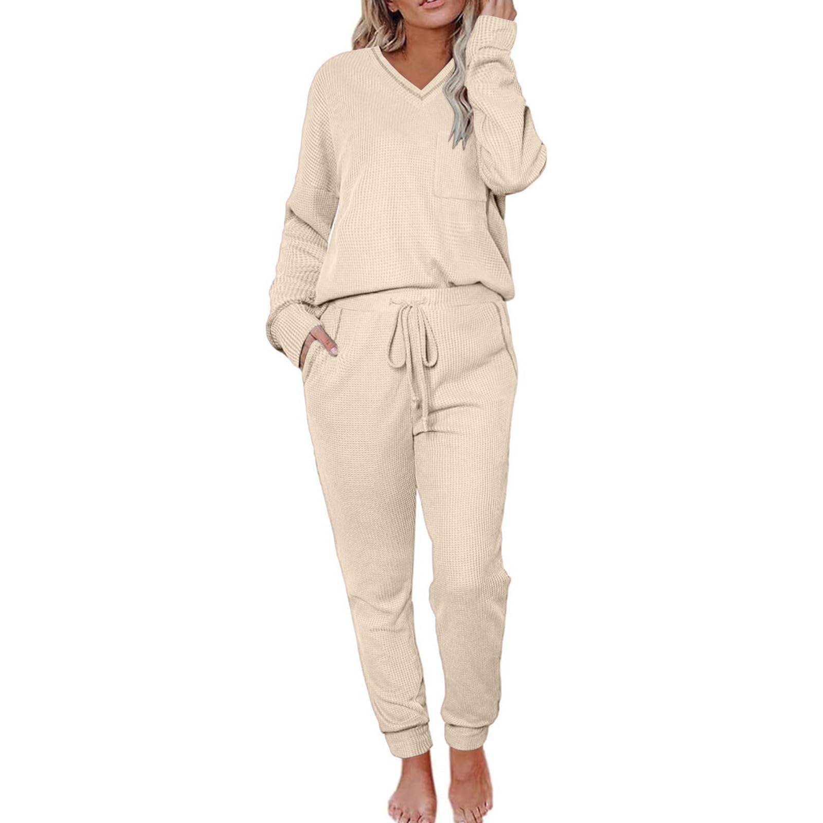 Ensemble 2 pièces à manches longues pour femme, taille S à 2XL, combinaison légère en tricot gaufré | Pantalon d'intérieur pour femme - Coupe ample - Col en V - Avec poche de poitrine - Couleur unie