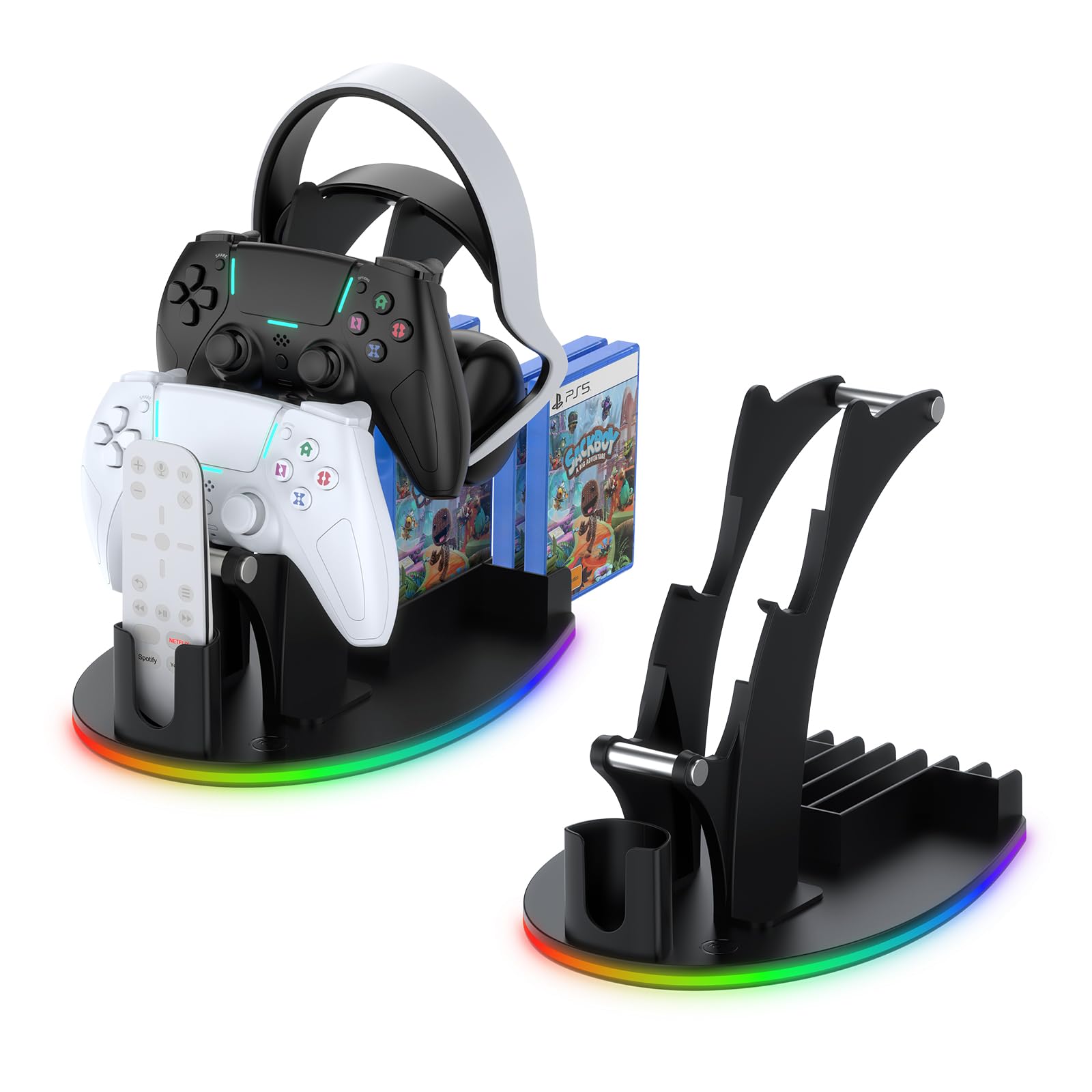 Supporto per controller di gioco RGB per controller Steam 2/PS5/Xbox/Switch, supporto per cuffie con 5 modalità di illuminazione RGB, organizer per giochi e archiviazione con ricarica USB e