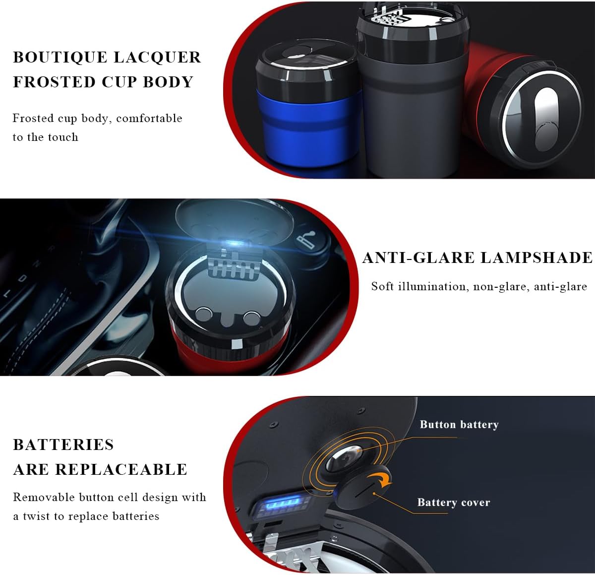 Car Ashtray with Lid, Smell Proof Smokeless Cup Holder Ash Tray with LED Light, Detachable Stainless Steel Ashtray Portable Butt Bucket for Vehicle Home Office, Car Accessories (Red, Large)