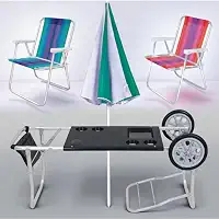 Kit 2 Cadeiras de Praia Alta De Aluminio + Carrinho De Praia com Avanço Dobravel Leve + Guarda Sol Articulado - Conjunto Completo Para Lazer E Diversão Em seu Passeio