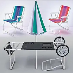 Kit 2 Cadeiras de Praia Alta De Aluminio + Carrinho De Praia com Avanço Dobravel Leve + Guarda Sol Articulado - Conjunto Completo Para Lazer E Diversão Em seu Passeio