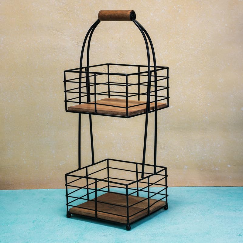 Image of Rustic Grid Multipurpose 2-Tier Storage Basket | Acacia Wood & Iron Handles | Wooden Storage Organizer | Kitchen, Living Room, Bathroom & Home Decor | Natural Finish