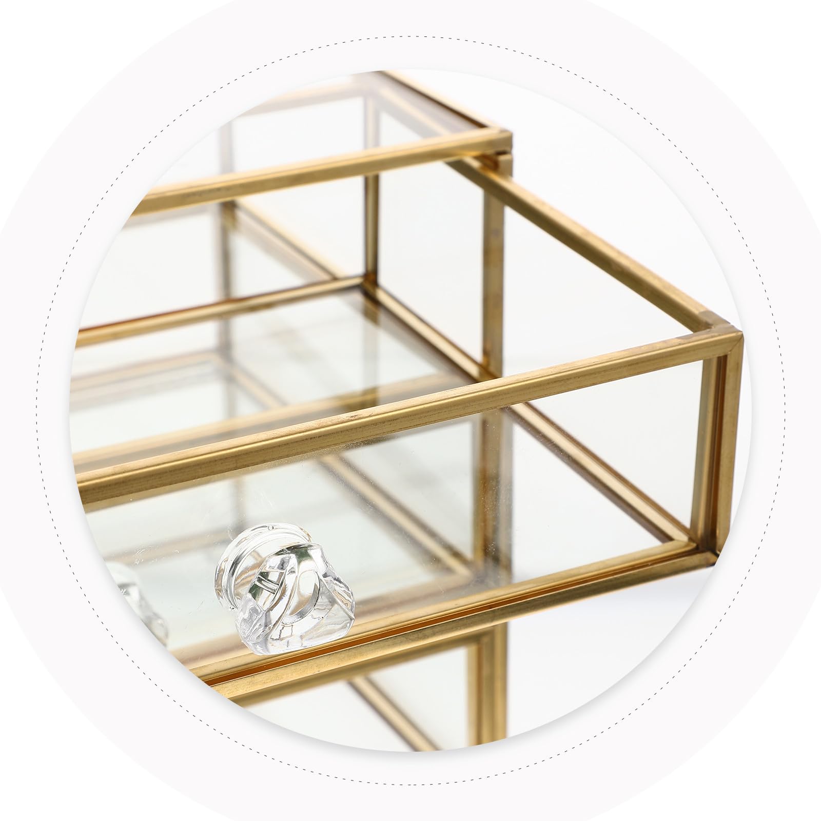 Estuche de Almacenamiento de Maquillaje Estructura de Aleación y Vidrio Diseño Transparente 3 Niveles Cajones Dorado para Joyas y Cosméticos