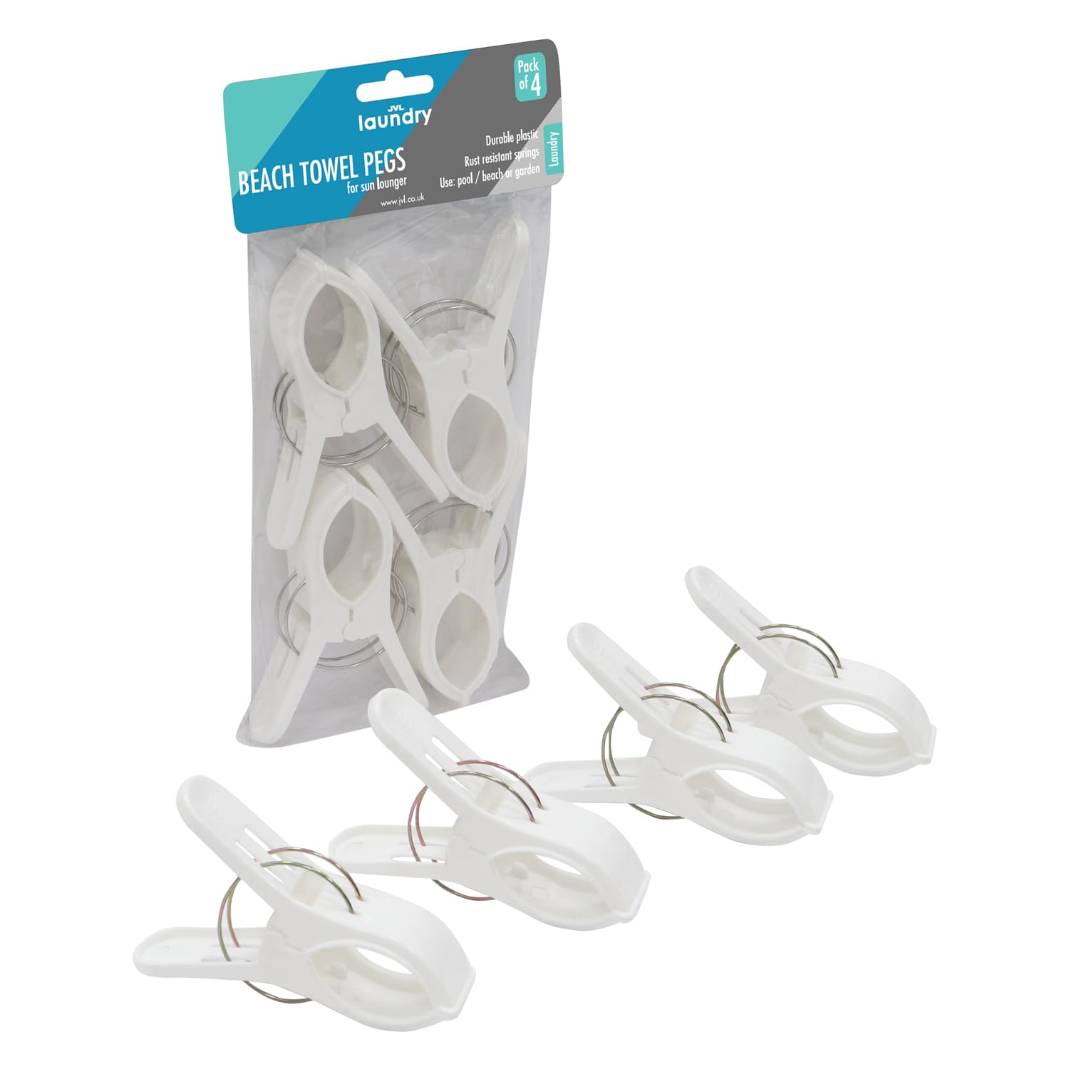 JVL 4 Pack Beach Towel Pegs – Large Strong Towel Clips for Sun Lounger & Windy Conditions – White