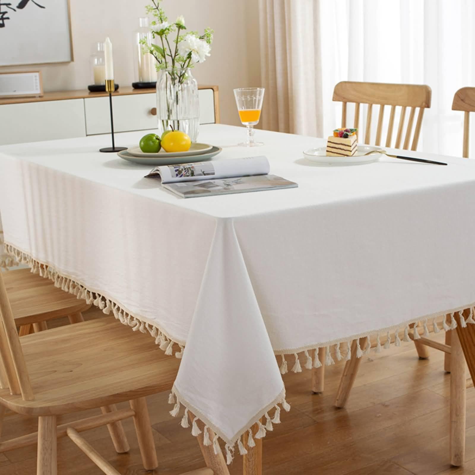Mantel cuadrado para mesa de comedor, 55 x 55 pulgadas, de algodón, color liso, con borlas, para eventos, bodas, banquetes y fiestas, color blanco, estilo A
