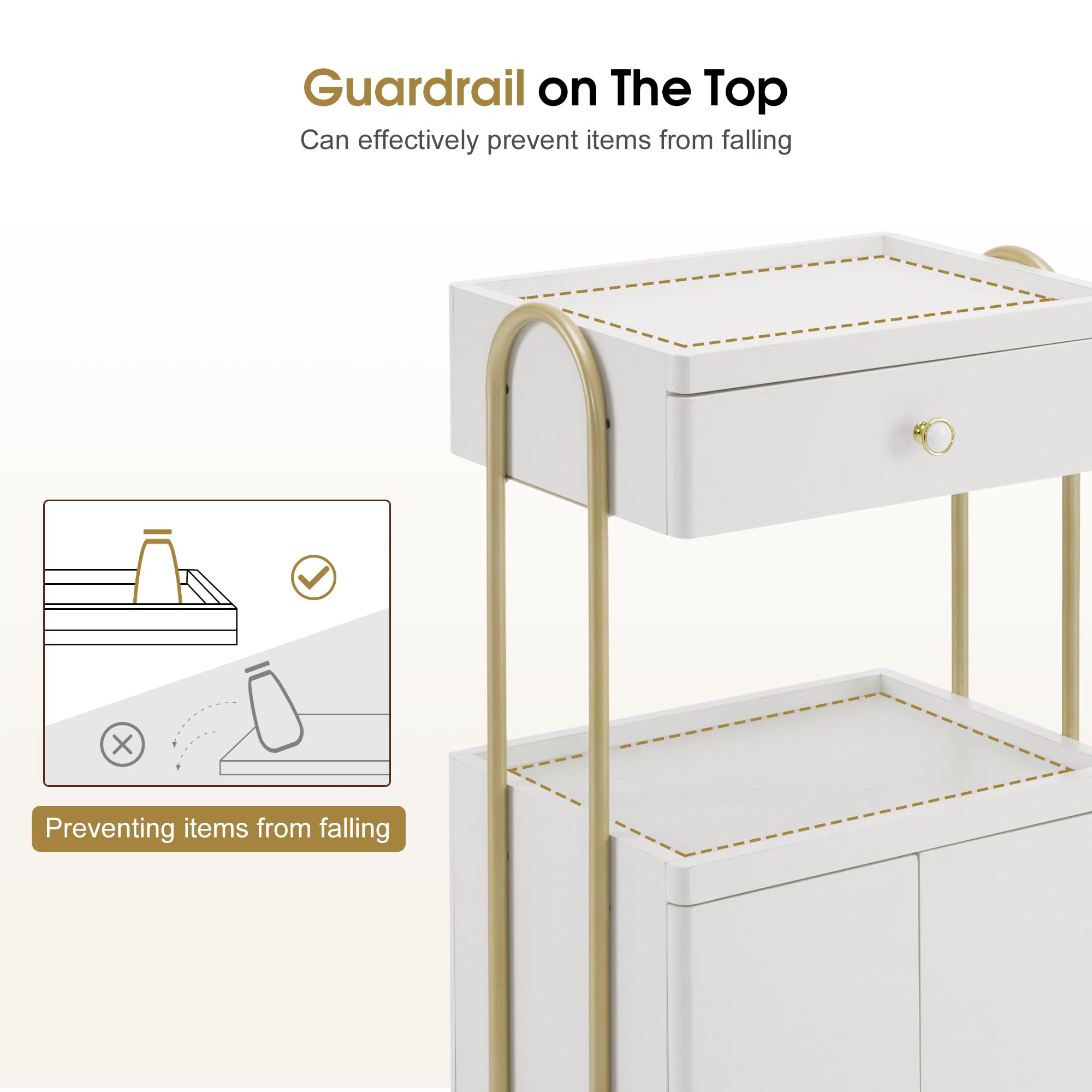 BarberPub Salon Trolley with Universal Wheels, Storage Rolling Cart with Drawer, Barber Shop Tool Organizer for Hair Stylist, SPA Metal Trolley for Storing Skin Cosmetics 2074 (White)