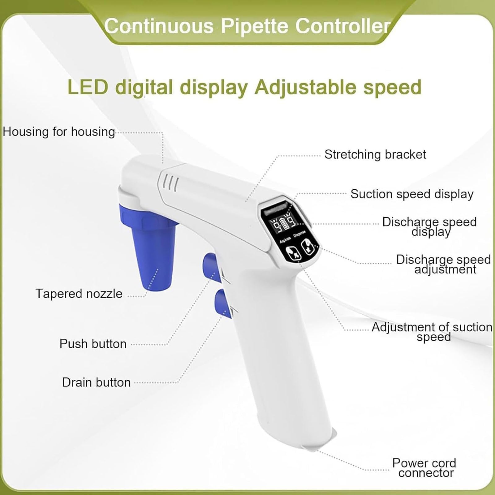 Elektryczny kontroler pipet, zmotoryzowany wypełniacz do pipet 0,1–200 ml | Cyfrowy wyświetlacz LCD, Pipetor z możliwością ładowania, Regulowana prędkość, Podwójne tryby drenażu, Do laboratoryjnego