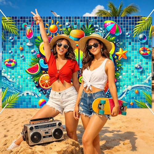 Image of BlissYard Summer Pool Banner 71 x 43 Inch Luau Party Decorations Hawaiian Backdrop Tropical Fruit Beach Party Decorations Photo Booth Wall Decor for Indoor Outdoor Summer Party