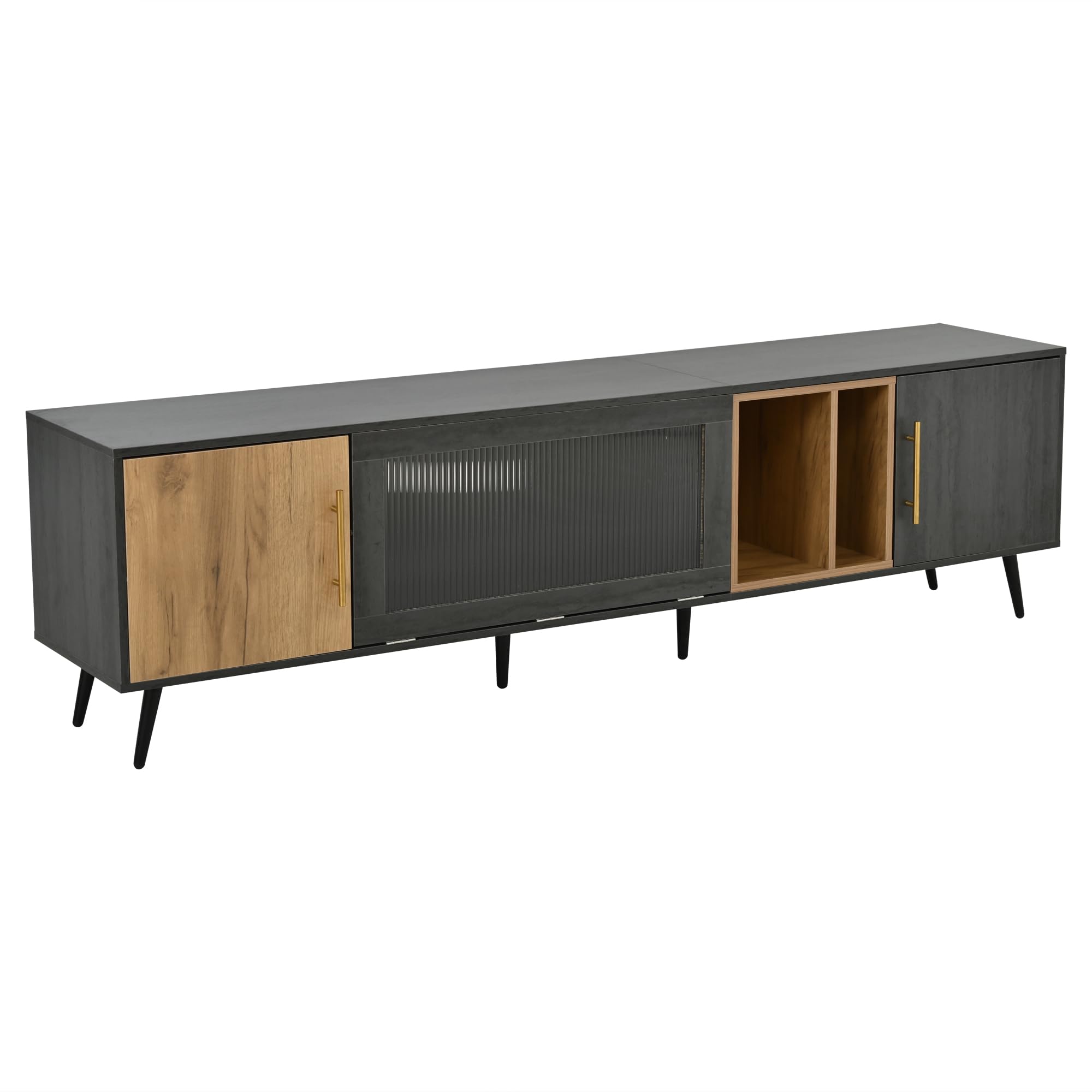 LAKFEW Mueble TV 200cm de hasta 90 Pulgadas, Mueble TV Salon con 3 Puertas, Muebles de Salon con Compartimento de Almacenamiento Abierto, Mueble Television, Muebles Salon, 200x40x55.5 cm, Gris+Marrón