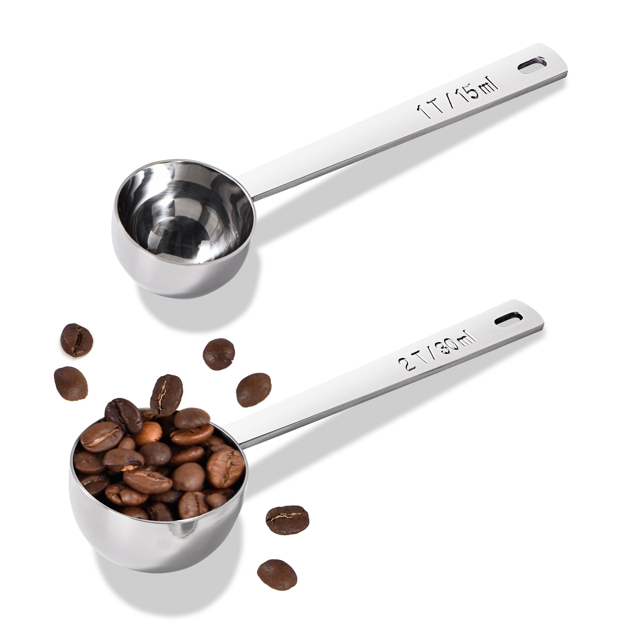 U-Taste Coffee Scoops Set of 2: 18/8 Stainless Steel Measuring Coffee Spoons with 10cm Long Handle for Ground Coffee, Beans, Powder, Espresso, Ideal for Tall Canister, Jar (15&30ml, Silver)