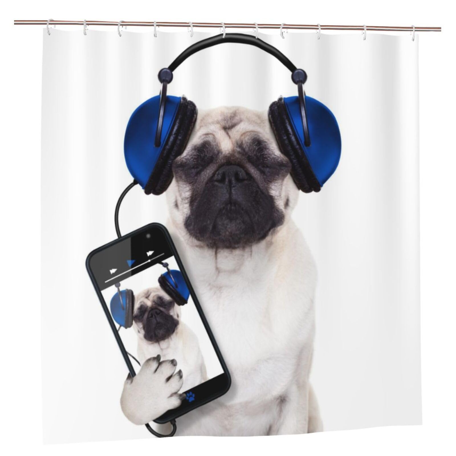 Oudrspo Polyester Fabric Shower Curtain - 70x70 Inch with Metal Grommets, Artistic Privacy Design, Pug Dog Listening Music On The Smartphone Groovy Cool Headphones